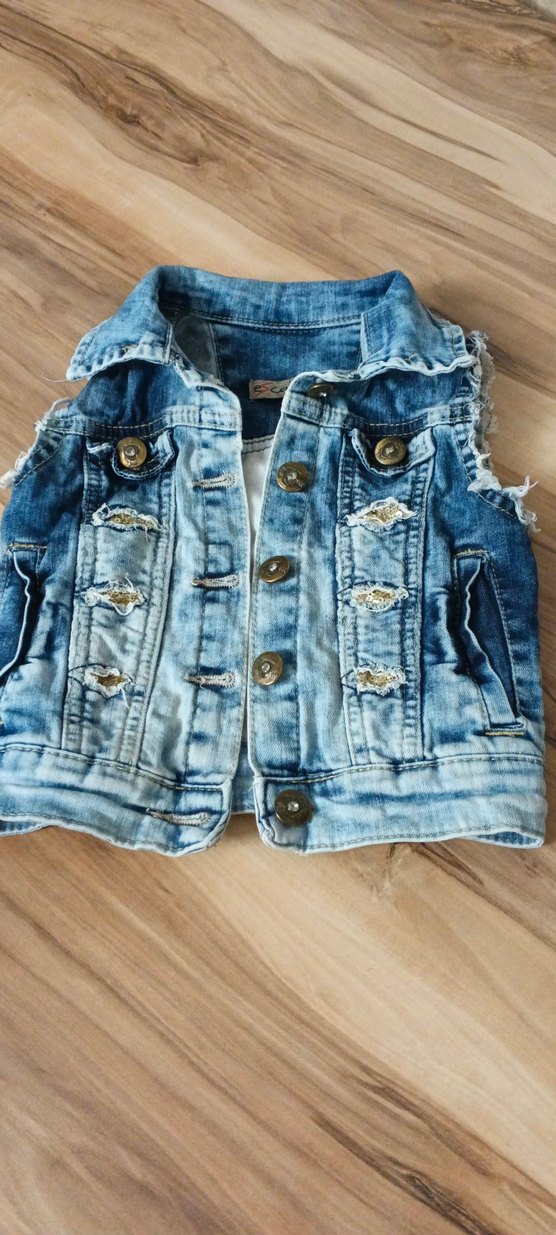 Düğmeli Kolsuz Mavi Mini Kot Ceket - Görsel 3