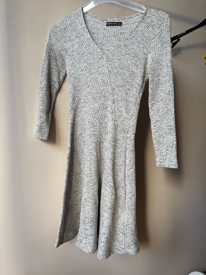 Gri Uzun Kollu V Yaka Triko Elbise - Görsel 5