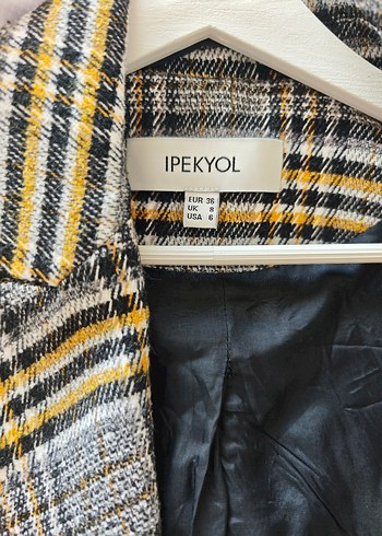 İpekyol Düğmeli Gri Ekose Midi Kadın Blazer - Görsel 4