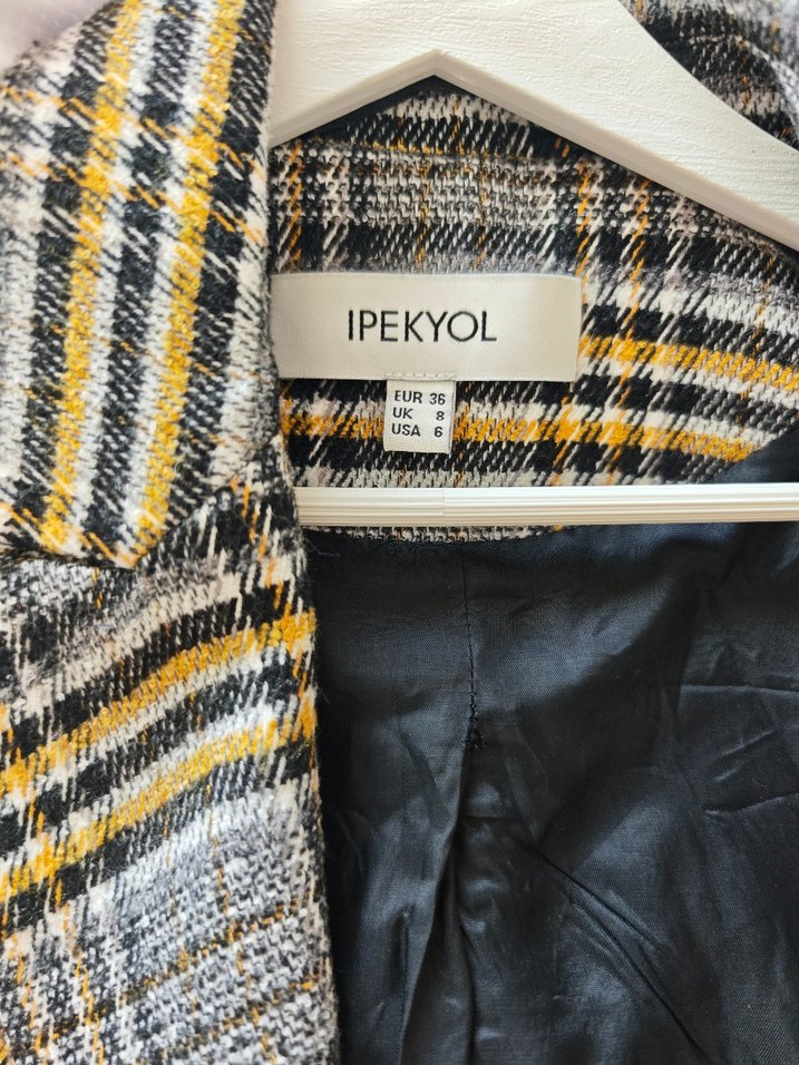 İpekyol Düğmeli Gri Ekose Midi Kadın Blazer - Görsel 4