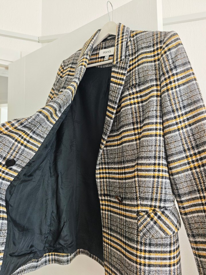 İpekyol Düğmeli Gri Ekose Midi Kadın Blazer - Görsel 3