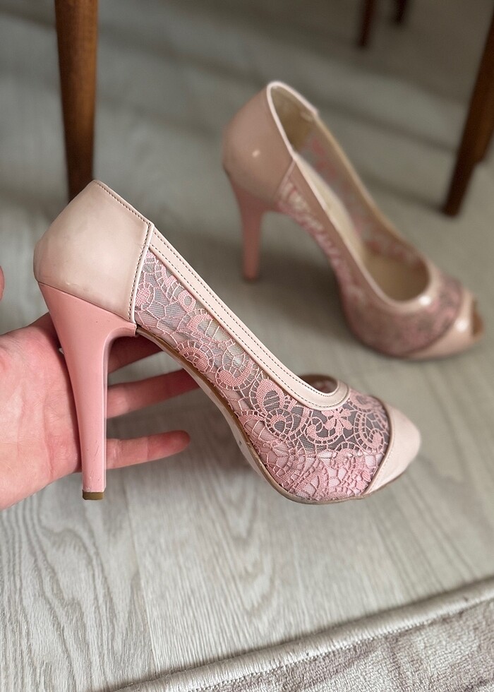 Pudra rengi topuklu ayakkabı - Görsel 2