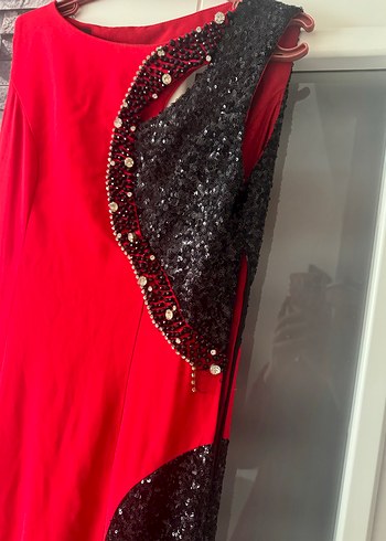 Kırmızı Drapeli Uzun Abiye Elbise - Görsel 3