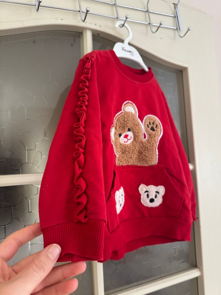 Kız Çocuk Kırmızı Peluş Detaylı Sweatshirt - Görsel 2
