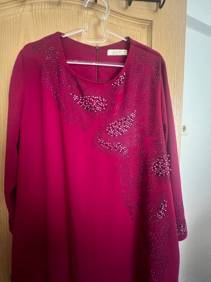 Bordo İşlemeli Uzun Kadın Elbise - Görsel 2