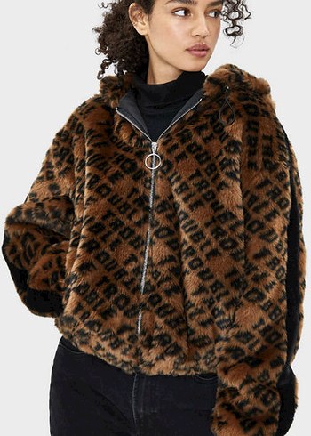 Bershka Leopar Desenli Kapüşonlu Kahverengi Suni Kürk