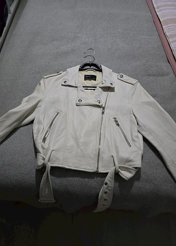 Kadın Beyaz deri Kemerli Deri Ceket - Görsel 2