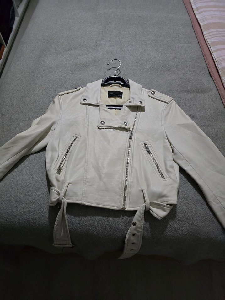 Kadın Beyaz deri Kemerli Deri Ceket - Görsel 2