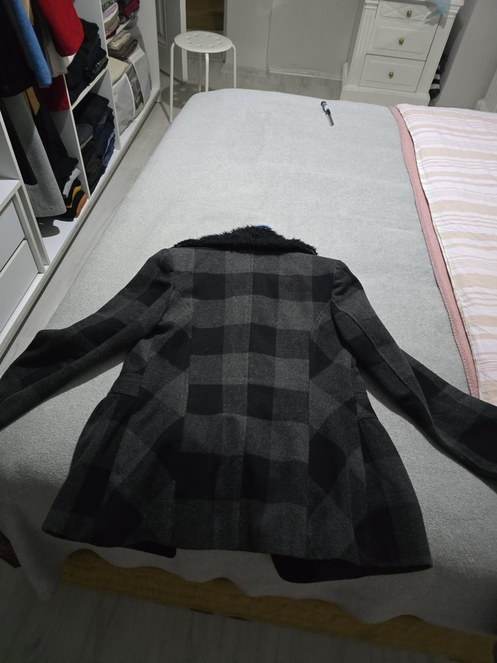 Düğmeli Gri Ekose Midi Kadın Kaban - Görsel 2