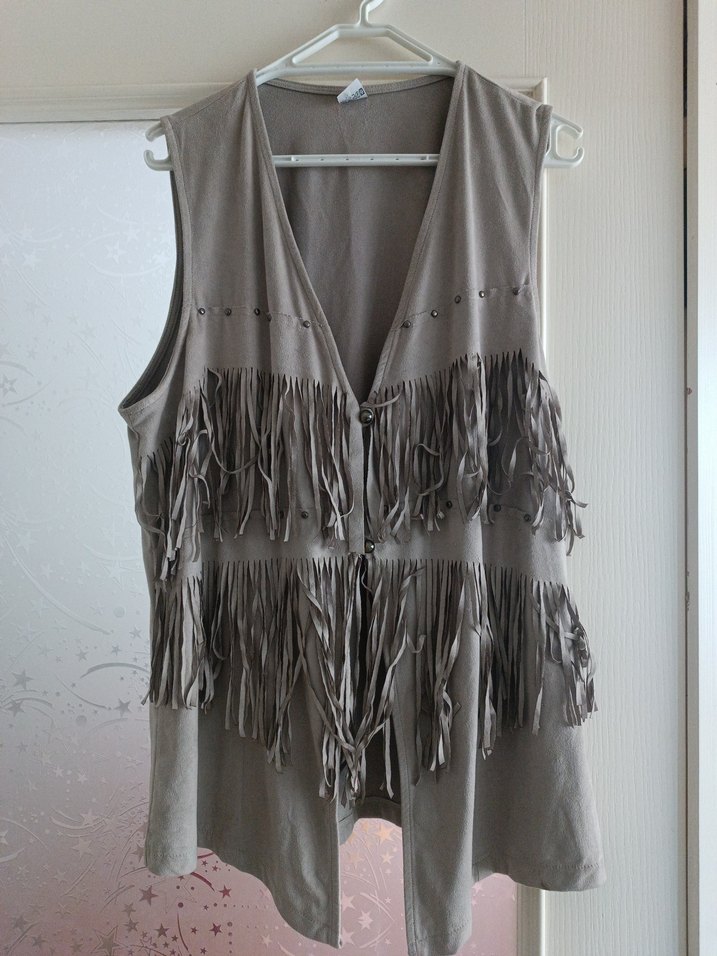 Bej Süet Püsküllü Bohem Kadın Yelek - Görsel 2