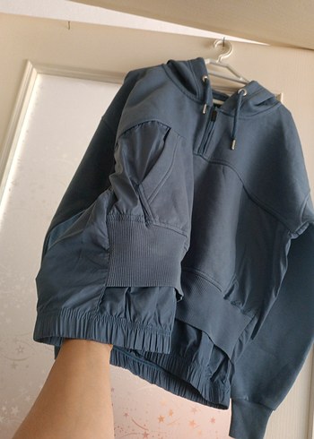 Gri Kapüşonlu Yarım Fermuarlı Sweatshirt - Görsel 3