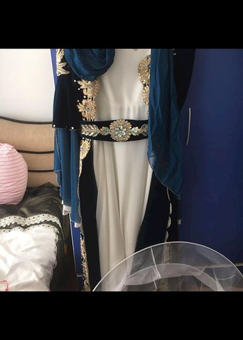 l Beden mavi Renk Uzun Kollu Mavi Nakışlı Kadın Kına Elbisesi