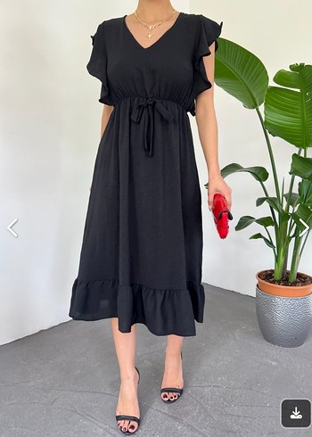 Siyah V Yakalı Fırfırlı Uzun Elbise - Görsel 4