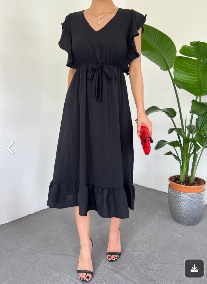 Siyah V Yakalı Fırfırlı Uzun Elbise - Görsel 4