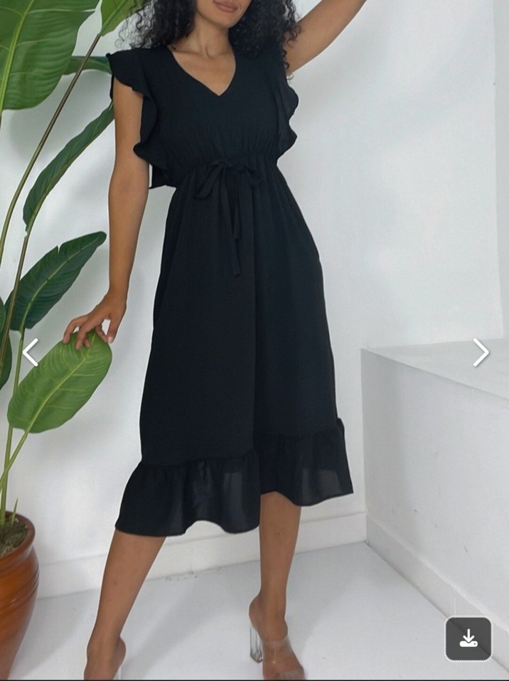 Siyah V Yakalı Fırfırlı Uzun Elbise - Görsel 3