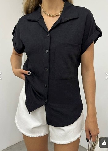 Kadın Siyah Kısa Kollu Düğmeli Gömlek - Görsel 2
