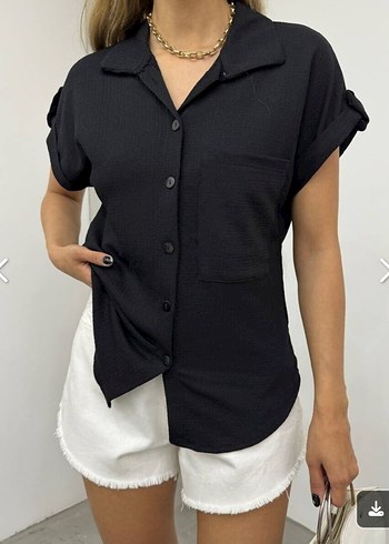 Kadın Siyah Kısa Kollu Düğmeli Gömlek - Görsel 6