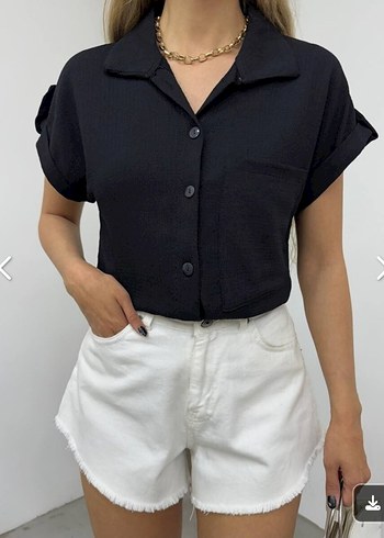 Kadın Siyah Kısa Kollu Düğmeli Gömlek - Görsel 7