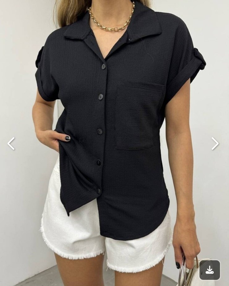 Kadın Siyah Kısa Kollu Düğmeli Gömlek - Görsel 2