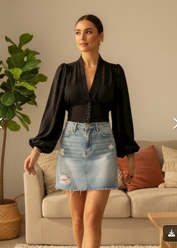 Düğmeli Siyah V Yaka Denim Bluz - Görsel 4