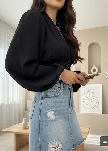 Düğmeli Siyah V Yaka Denim Bluz - Görsel 6