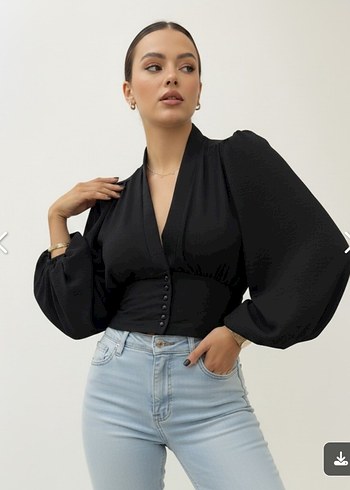 Düğmeli Siyah V Yaka Denim Bluz - Görsel 2