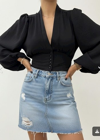 Düğmeli Siyah V Yaka Denim Bluz - Görsel 3