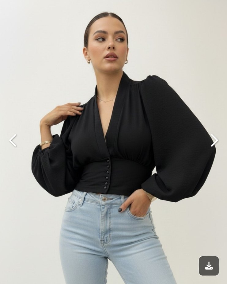 Düğmeli Siyah V Yaka Denim Bluz - Görsel 2