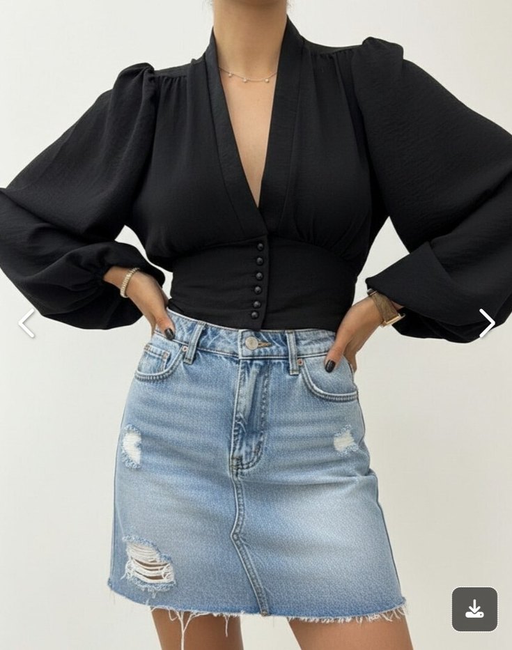 Düğmeli Siyah V Yaka Denim Bluz - Görsel 3