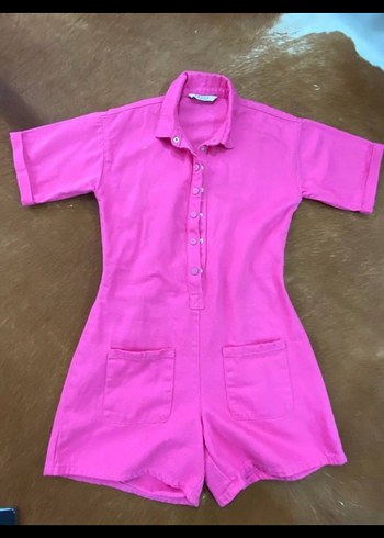 Düğmeli Pembe Keten Mini Tulum - Görsel 2