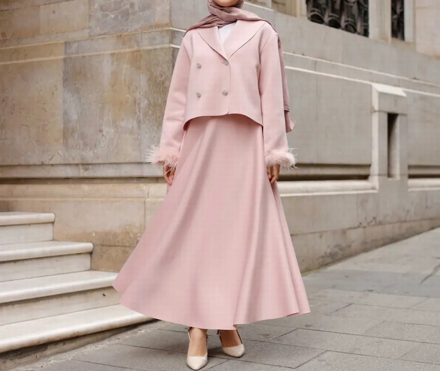 Pembe Tüylü Ceket Etek  Takım - Görsel 3