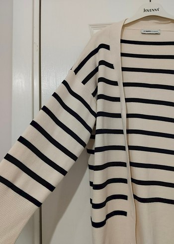 Bej lacivert Çizgili Kadın Hırka - Görsel 3