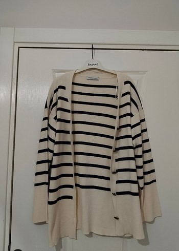 Bej lacivert Çizgili Kadın Hırka - Görsel 5