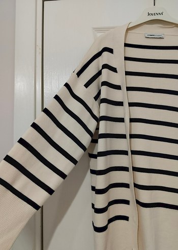 Bej lacivert Çizgili Kadın Hırka - Görsel 2