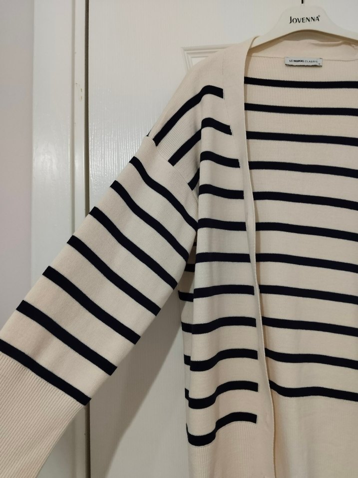 Bej lacivert Çizgili Kadın Hırka - Görsel 3