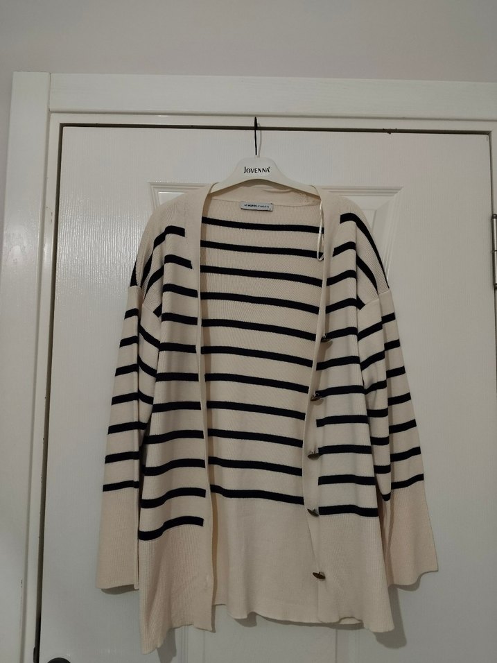 Bej lacivert Çizgili Kadın Hırka - Görsel 5