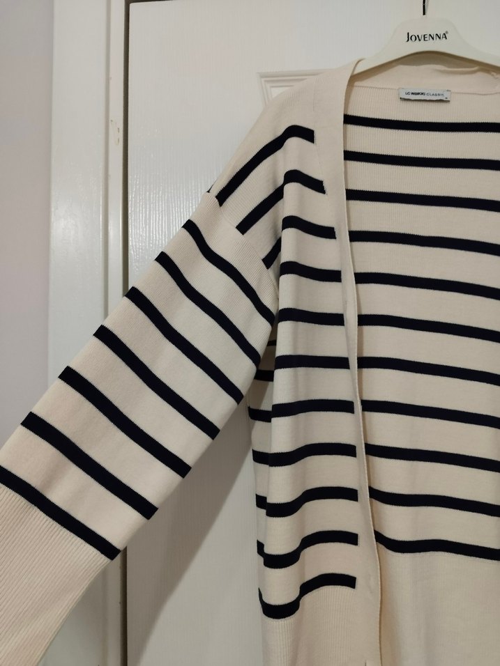 Bej lacivert Çizgili Kadın Hırka - Görsel 2