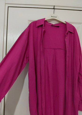 Pembe Keten Salaş Uzun Kollu Gömlek - Görsel 4