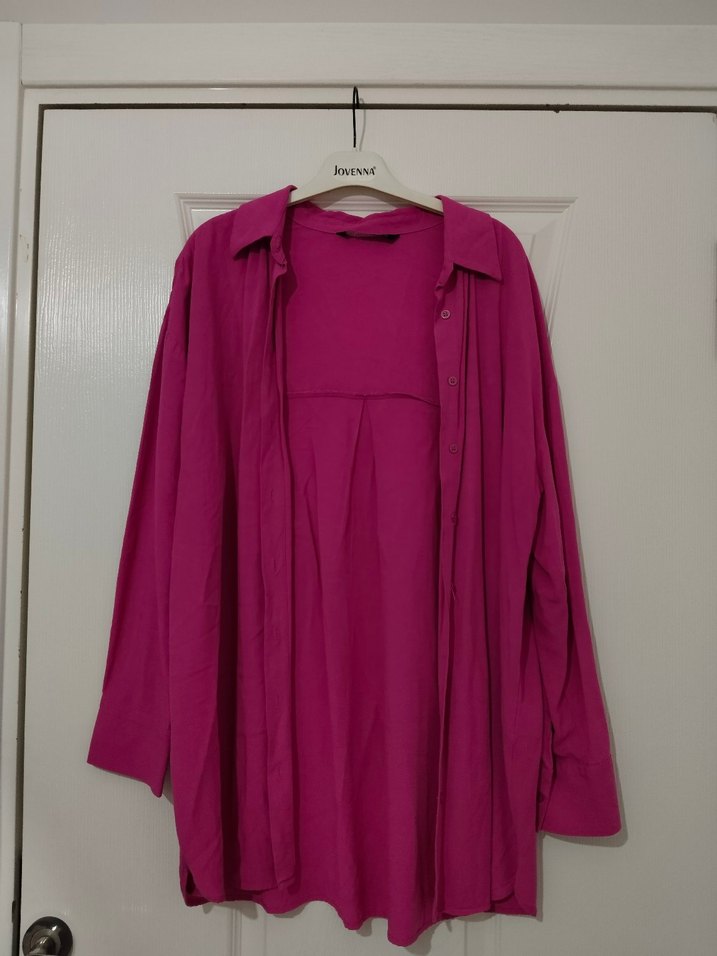 Pembe Keten Salaş Uzun Kollu Gömlek - Görsel 2