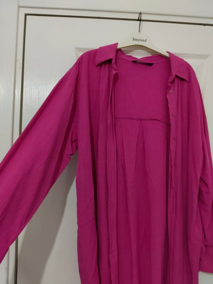 Pembe Keten Salaş Uzun Kollu Gömlek - Görsel 3