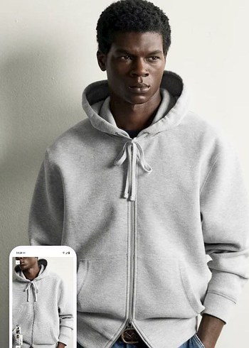 Zara H M Acik Gri Kapusonlu Fermuarli Sweatshirt