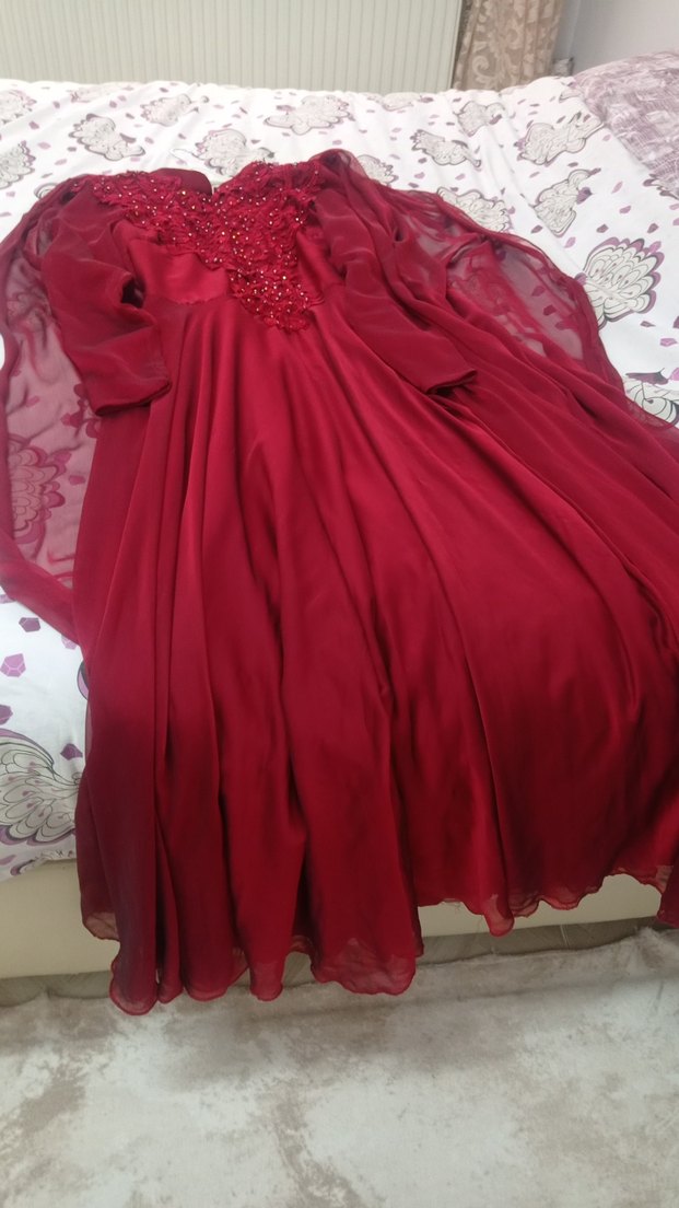 Bordo Uzun Abiye Elbise ve şalı ile - Görsel 2