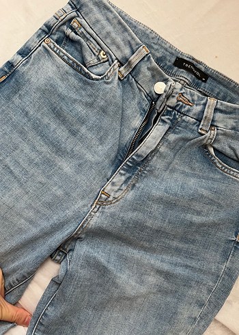 Düğmeli Mavi Midi Boy Kadın Kot likralı Pantolon