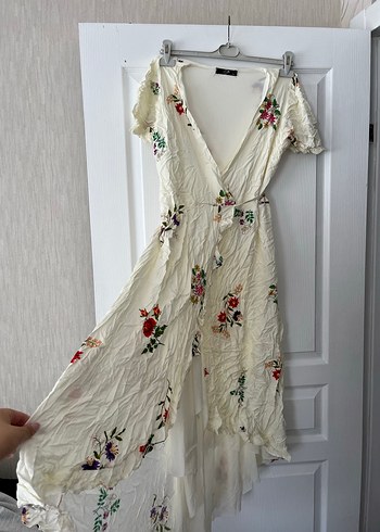 Nakışlı V Yaka Uzun Bohem Elbise - Görsel 2