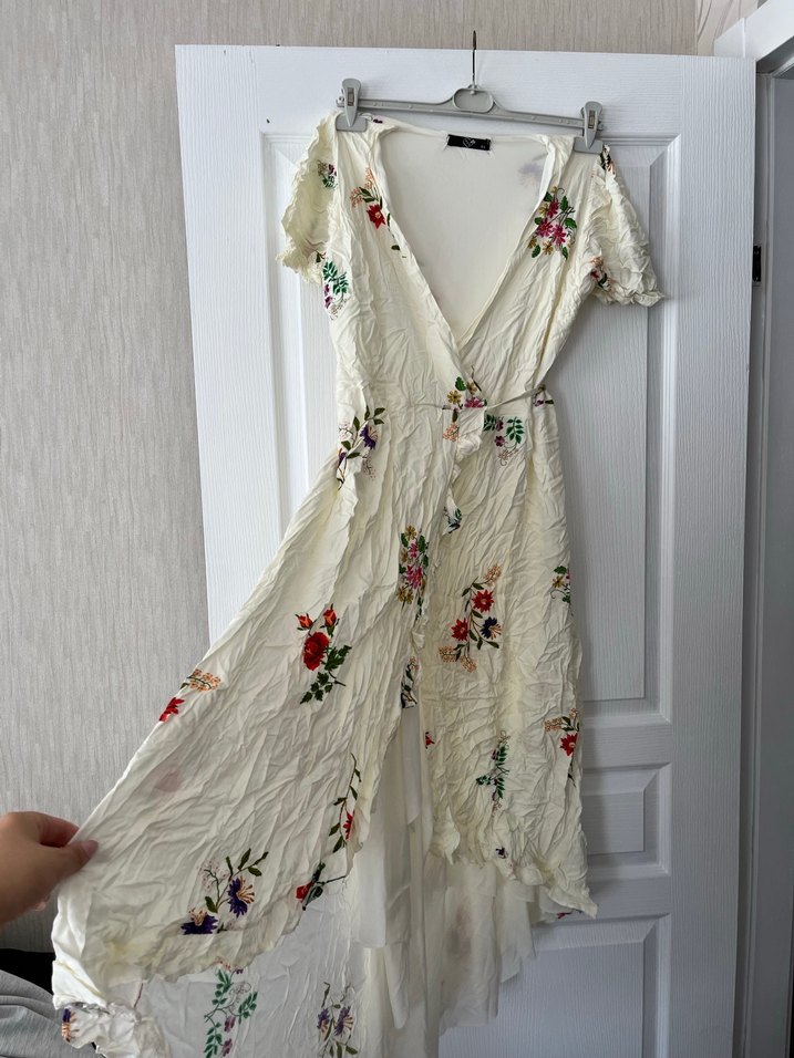 Nakışlı V Yaka Uzun Bohem Elbise - Görsel 2