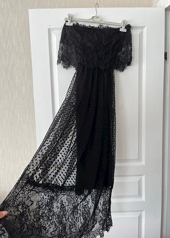 Dantel Detaylı Siyah Uzun Straplez Elbise - Görsel 2