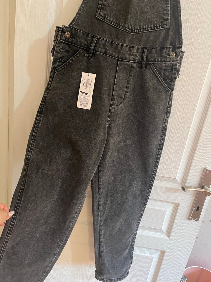 Gri Kadın Denim Midi Tulum - Görsel 2