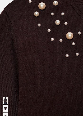 Zara inci Detaylı Kahverengi Kadın Tişört - Görsel 6