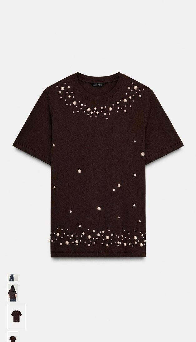 Zara inci Detaylı Kahverengi Kadın Tişört - Görsel 4