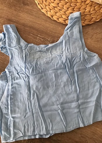 Mavi Keten Fırfırlı Kolsuz Crop - Görsel 3